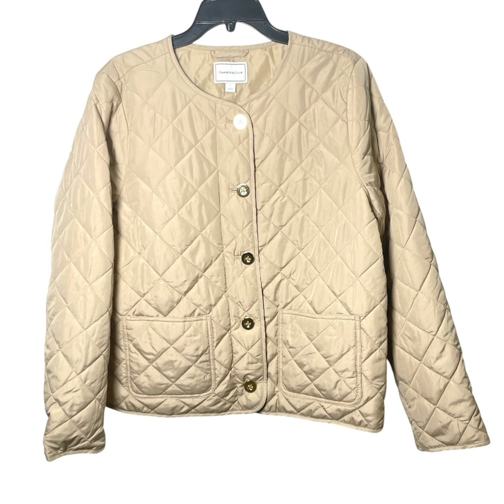 Charter Club Womens Large Beige Diamond Quilted Collarless Lightweight Jacket